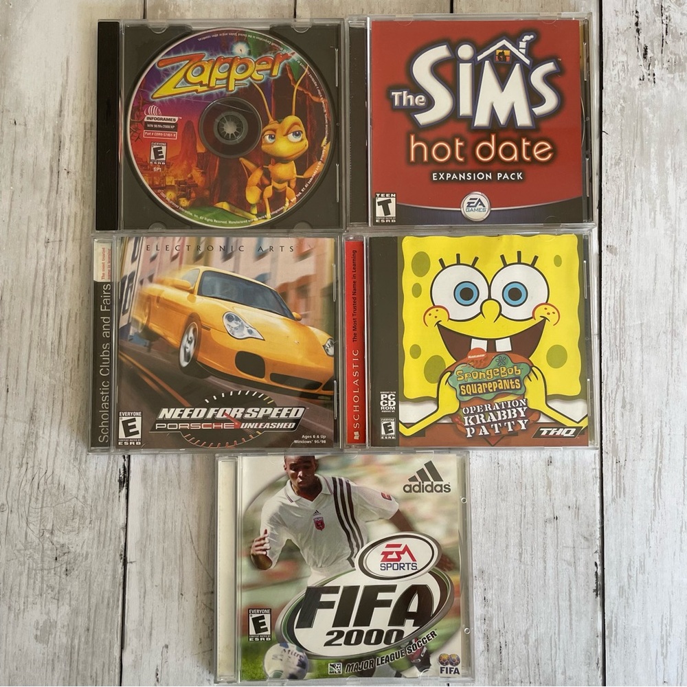 LOT OF 5 VINTAGE WINDOWS COMPUTER GAMES SPONGEBOB ZAPPER SIMS HOT DATE